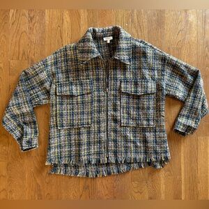 A PEACH Frayed Shirt Zip Jacket Tweed Size Small Navy Yellow Pink Plaid